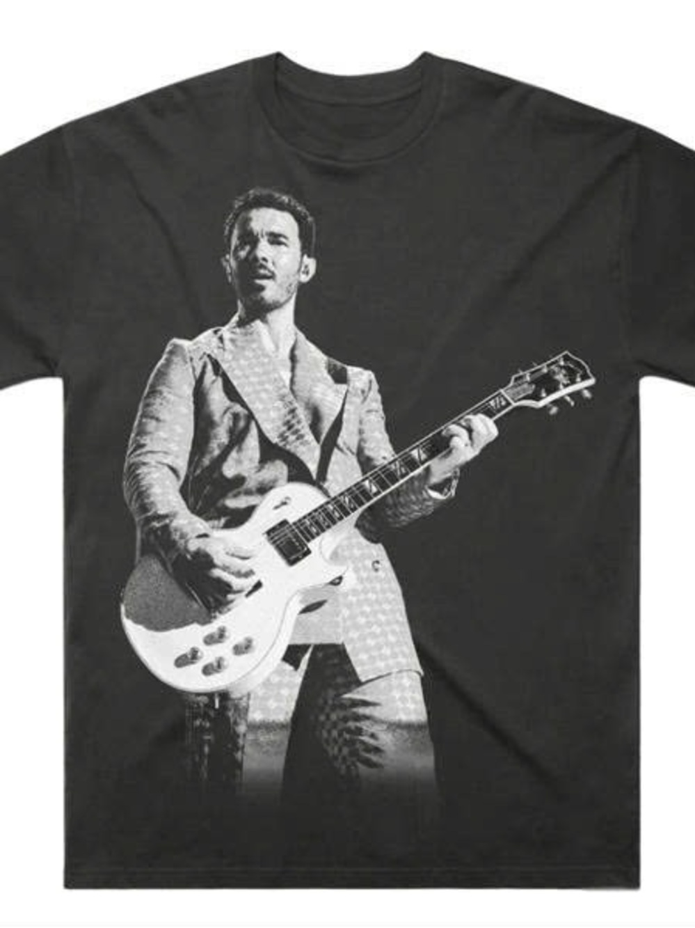 Black Short-Sleeve Tee with Monochrome Guitarist Print